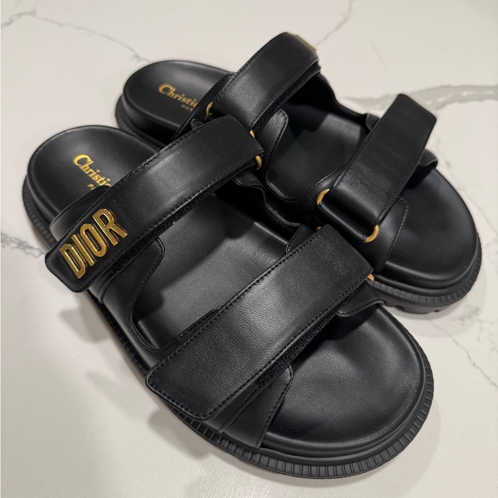 Dior Black Leather Sandals with Gold Logo